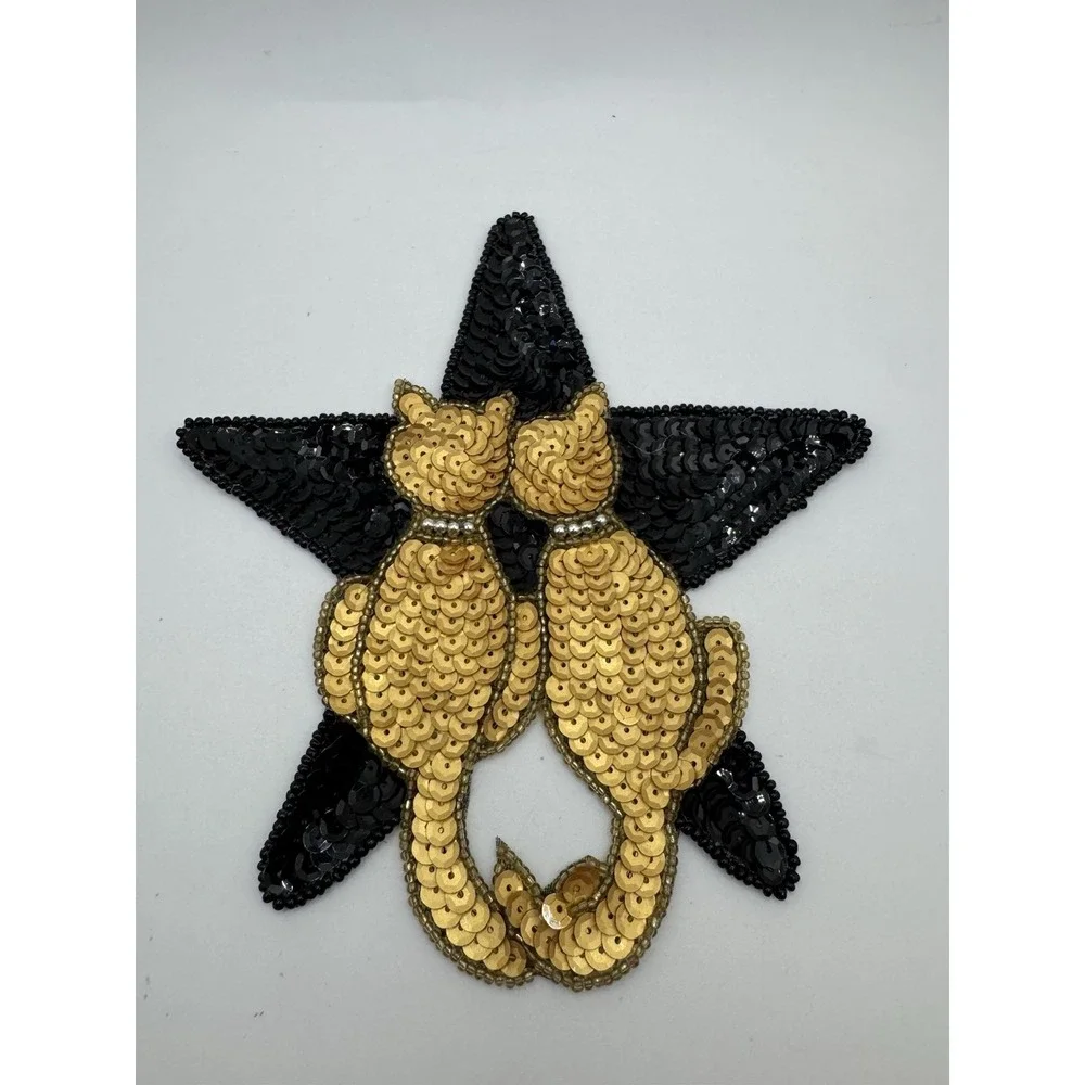 Sequined & Beaded Cats And Star Sew On Patch NOS Gold & Black